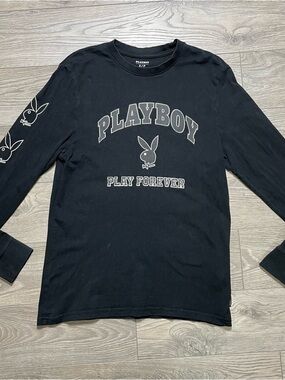 PLAYBOY Black Long Sleeve Tee with Logo and‎ Sleeve Graphics